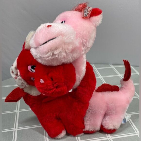 Vtg DanDee Plush Valentines Pink & Red Cross Neck Dinosaurs Loving Brontosaurus - Picture 12 of 13